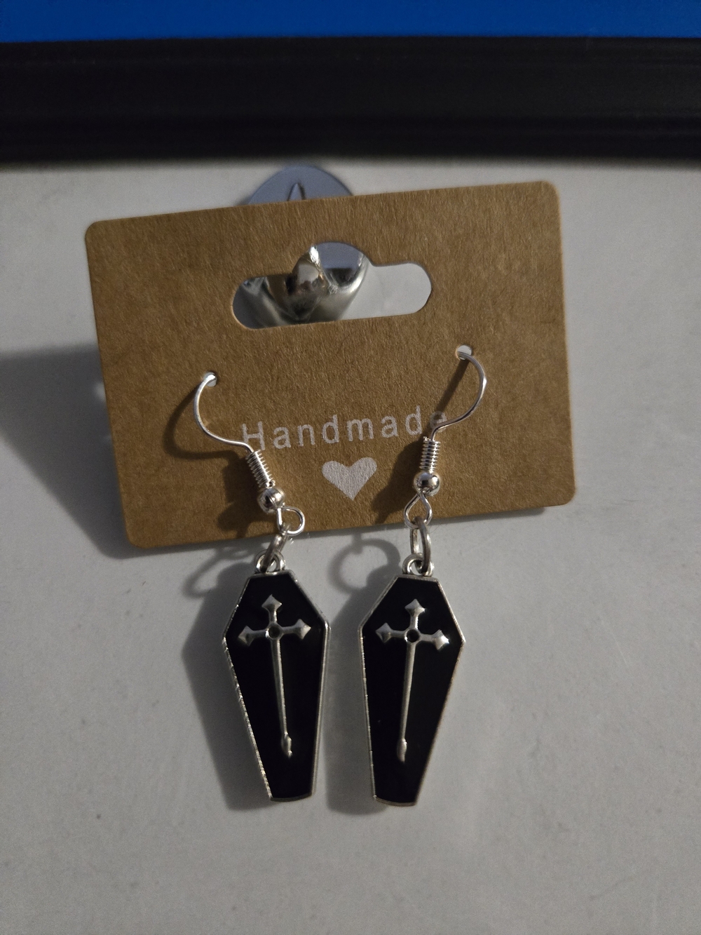 Handmade Black Coffin Cross Dangle Earrings